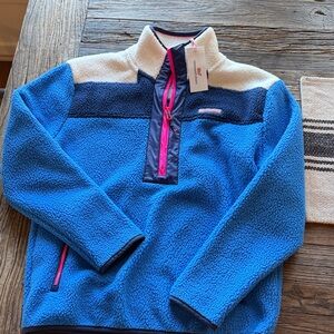 Vineyard Vines Blue Sherpa Half-Zip with Cream Yoke & Pink Zipper